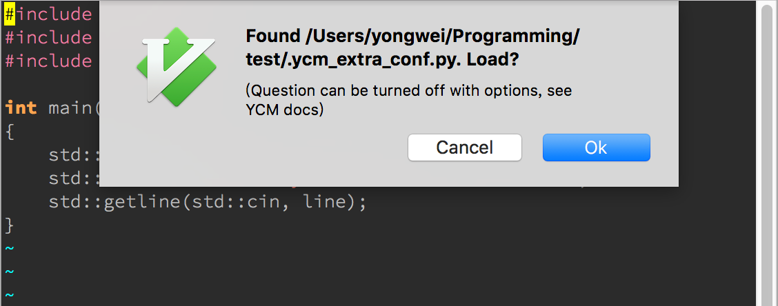 YCM 的配置载入提示 Fig13.3